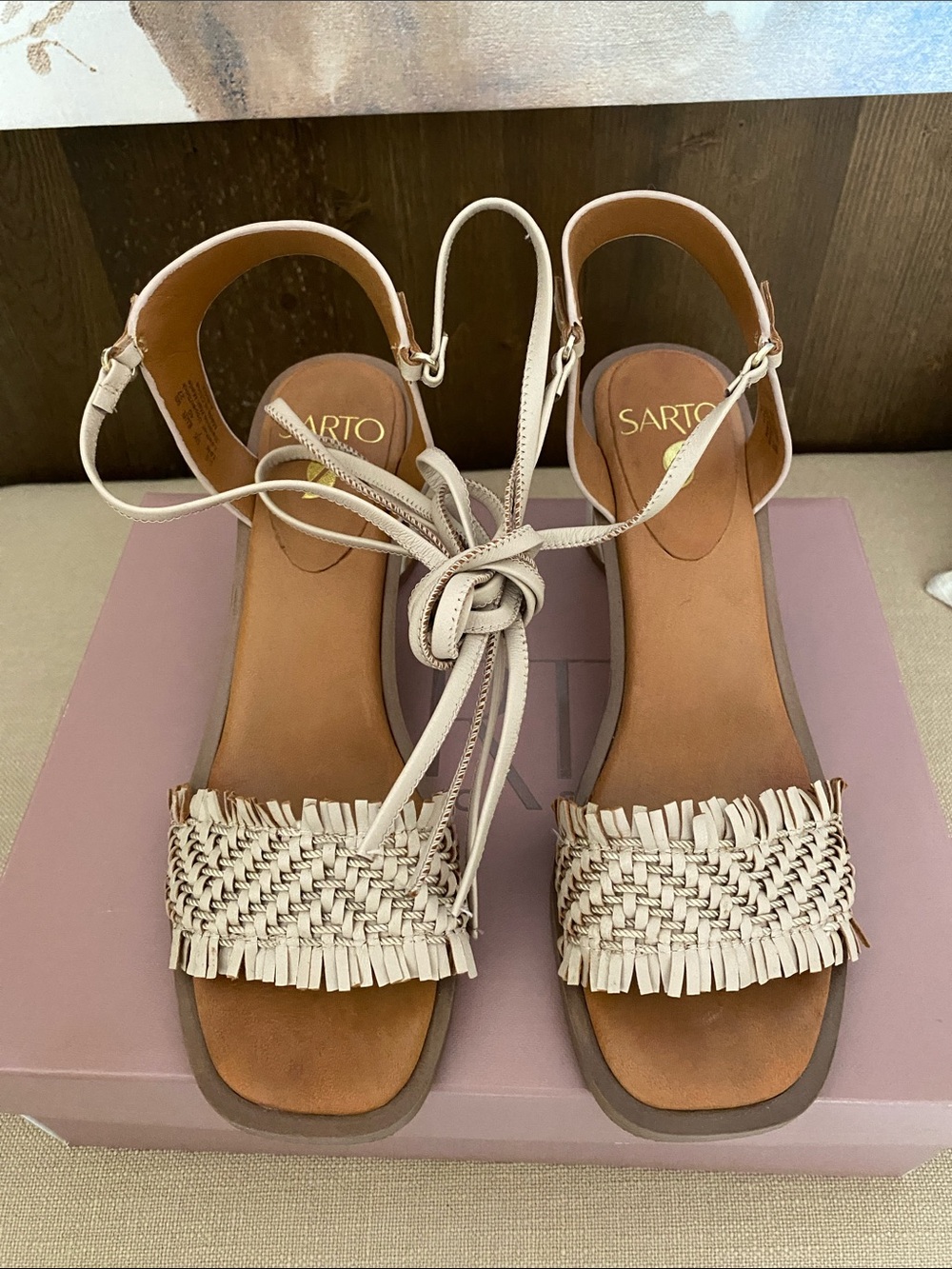 Franco Sarto Cream Woven Fringe Ankle-Tie Sandals